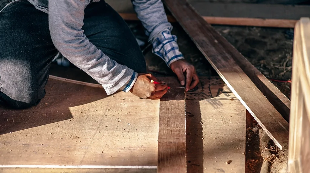 Carpenter kneeling on fresh deck framing, marking a board before cutting